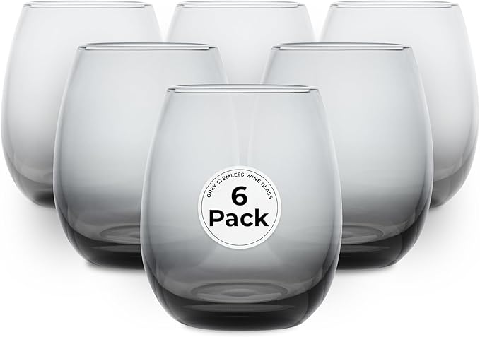 Restaurantware-Vetri 15 Ounce Wine Glasses, 6 Dishwashable Stemless Wine Glasses - No Lead, Durable, Gray Glass Stemware, For Home, Bar, Or Restaurant, Serve Merlot, Chardonnay, Or Bordeaux