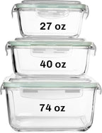 Razab 6 PC Square Glass Food Storage Containers with Airtight lids (74, 40 & 27 oz) Kitchen Glass Meal Prep Containers Set for Freezer Reusable Leftover Lunch Boxes, Oven, Microwave, Dishwasher Safe