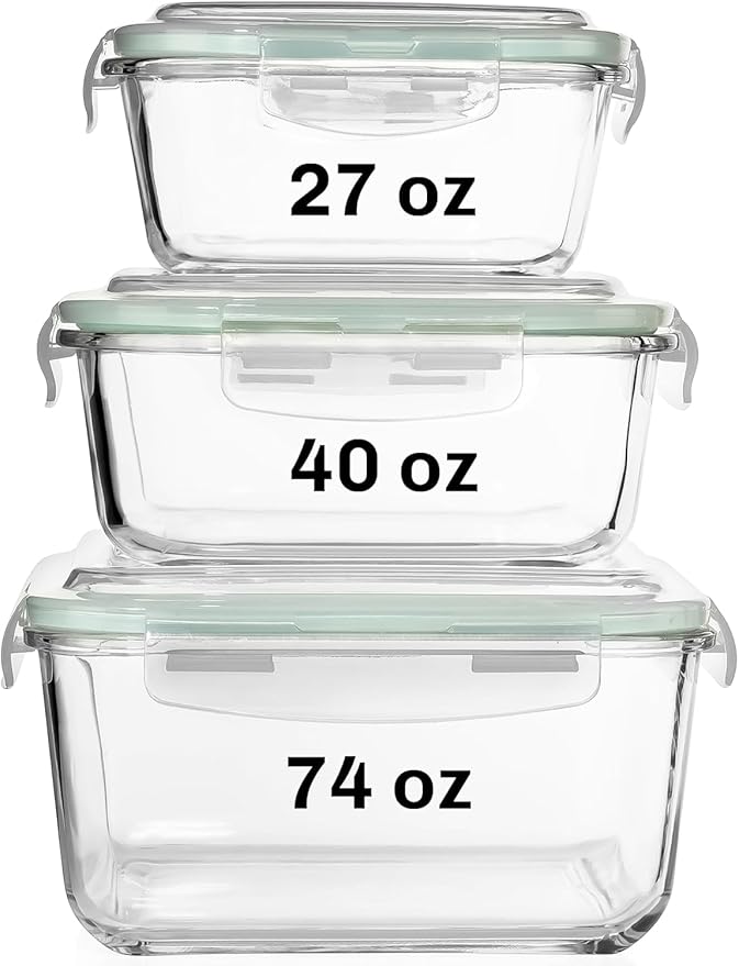 Razab 6 PC Square Glass Food Storage Containers with Airtight lids (74, 40 & 27 oz) Kitchen Glass Meal Prep Containers Set for Freezer Reusable Leftover Lunch Boxes, Oven, Microwave, Dishwasher Safe