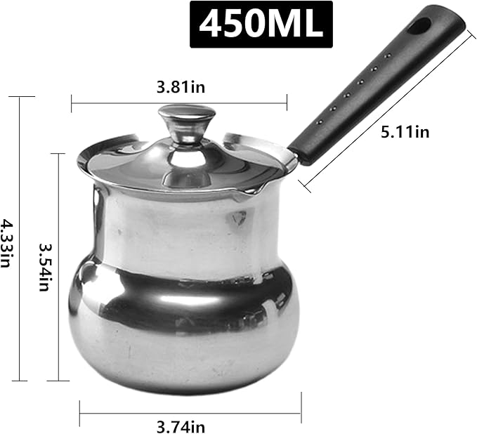 Turkish Coffee Pot with Lid: Stainless Steel Mini Saucepan Chocolate Melting Pot, Milk Warmer Butter Warmer for Stove Top Espresso Coffee Tea Soup Warming (450ML)