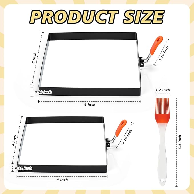 Patelai 6 Pack Square Egg Ring 4 Inch and 6 Inch Stainless Steel Frying Egg Molds Griddle Pancake Shapers with Orange Silicone Handle Oil Brush for Household Breakfast Omelette Sandwich Cooking Tool
