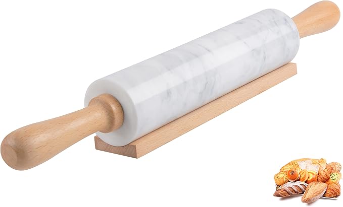 Marble Rolling Pin with Wooden Cradle Thick Handle Set for Baking,18.5 inch Premium Quality Polished Roller for Pizza Dough,Fondant,Pie Crust,Non-Stick Surface Easy to Clean(White)