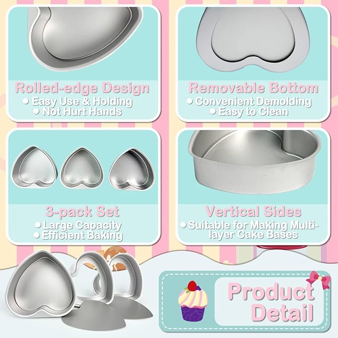 3-Pack 8-Inch Heart Shaped Cake Pans, Durable Anodized Aluminum Pans with Removable Bottom, Ideal for Baking, DIY Projects, Birthdays & Weddings, Heart Pans Chiffon Cake Mold for Oven Baking