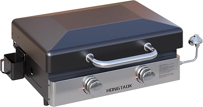 23 Inch Portable Propane Gas Griddle with Non-stick Ceramic Coated Baking Pan and Lid, Outdoor Tabletop 2 Burners Propane Grill for Camping, Barbecue, Tailgating, Cooking