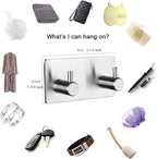Self Adhesive Stainless Steel Hooks, Wall Mounted Heavy Duty Hanger, Key Rack Towel Hooks for Bathroom, Living Room, Kitchen (2 Hooks)