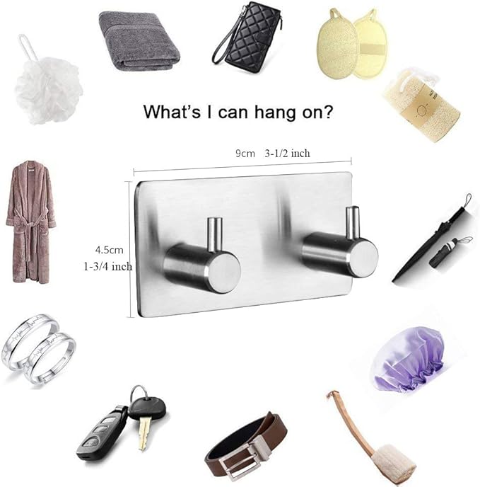 Self Adhesive Stainless Steel Hooks, Wall Mounted Heavy Duty Hanger, Key Rack Towel Hooks for Bathroom, Living Room, Kitchen (2 Hooks)
