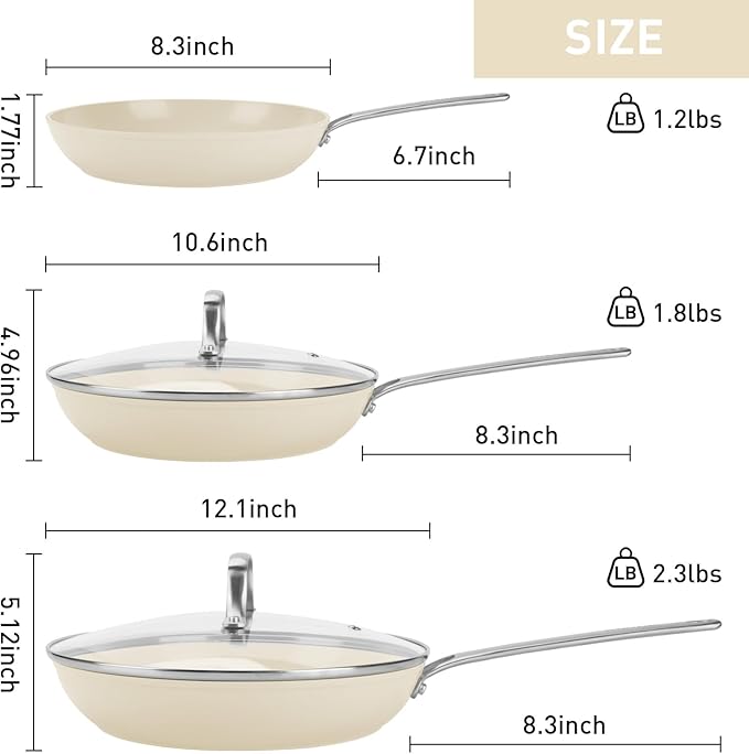 MsMk 5-Piece Non Stick Pans Set, 8, 10, 12 Inch Frying Pans, 10" and 12" with Tempered Glass Lids, PRO Heat Distribution, Stay-Cool Handles, Induction safe, Compatible with All Cooktops