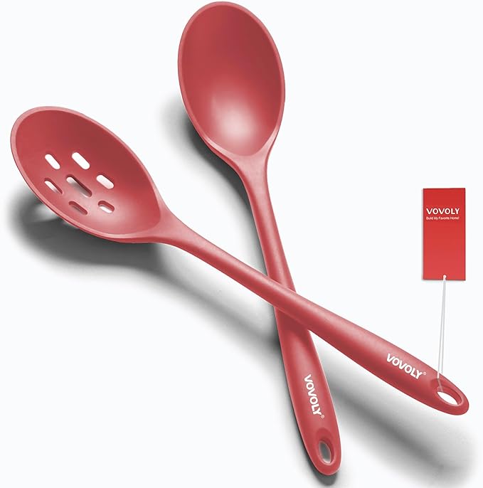 Silicone Spoons for Cooking - Extra Large Kitchen Spoons for Mixing, Serving, & Stirring - 600°F Heat-Resistant Non Stick Utensils Ladle & Skimmer- Dishwasher Safe, Red
