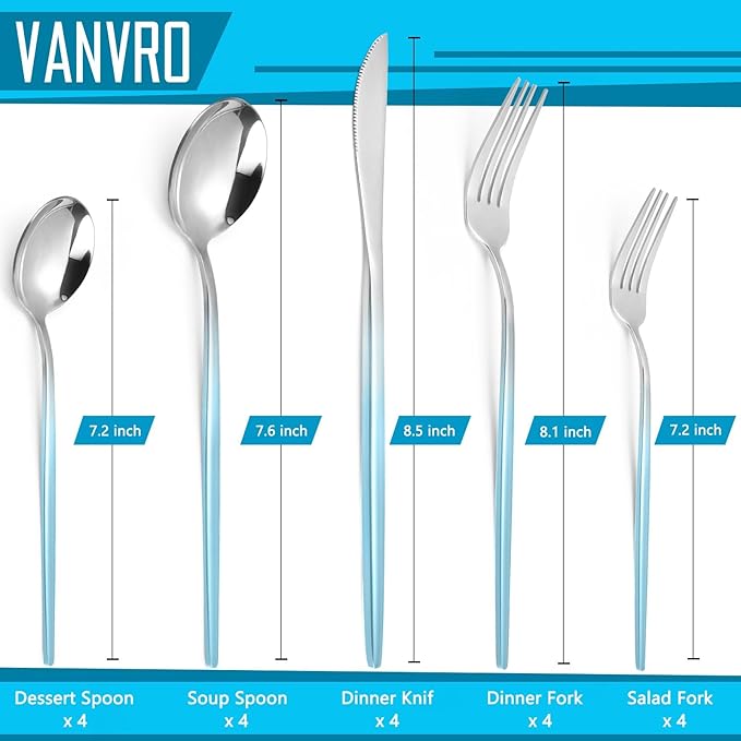 Gradient Blue Silverware Set, 20 Piece Stainless Steel Flatware Set, Kitchen Utensil Set include Knife/Fork/Spoon,Cutlery Service for 4,Mirror Polished