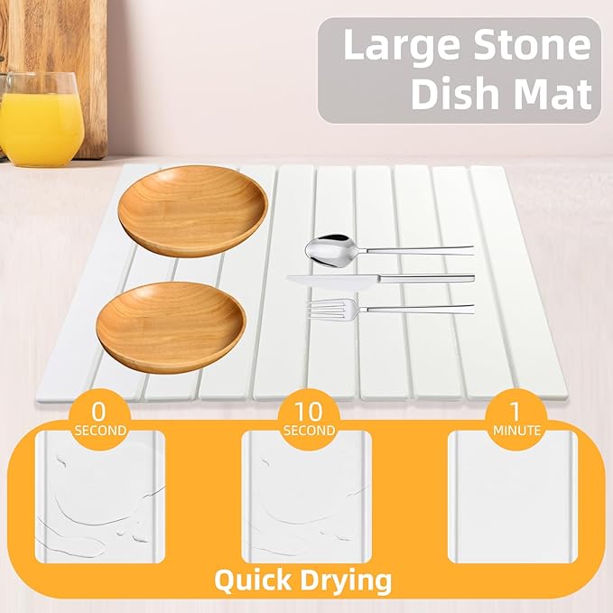 Large Stone Dish Drying Mats for Kitchen Counter, 24"(L)×16"(W), Fast Dry Super Absorbent Collapsible Dish Drying Pad (White, 24"(L)×16"(W))