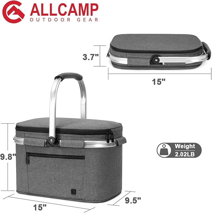 ALLCAMP Insulated Cooler Bag Portable Collapsible Picnic Basket Cooler Bag Collapsible, Leakproof, Lightweightwith Sewn in Frame (Medium Gray)