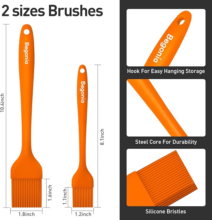 Pastry Brush-Begonia Silicone Basting Brush for Cooking,2pcs 10+8 in Heat Resistant Food Brushes for Baking, Grilling, Cooking and Spreading Oil (Orange)