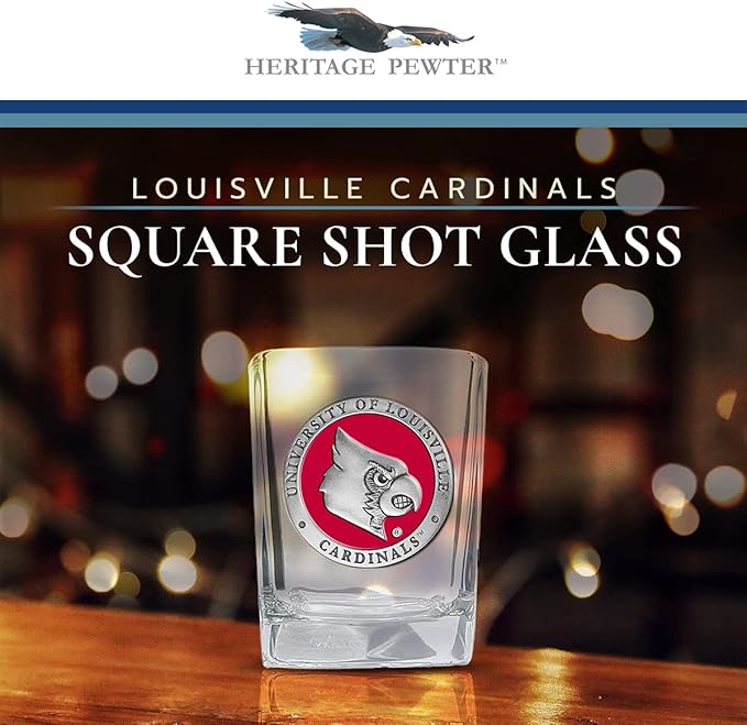 Heritage Pewter Louisville Square Shot Glass | Hand-Sculpted 1.5 Ounce Shot Glass | Intricately Crafted Metal Pewter Alma Mater Inlay