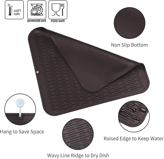 Silicone Dish Drying Mat for Multiple Usage,Easy clean,Eco-friendly,Heat-resistant Silicone Mat for Kitchen Counter or Sink,Refrigerator or Drawer Liner Coffee XL 18 inches x 16 inches