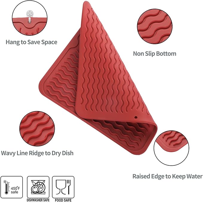 Silicone Dish Drying Mat for Multiple Usage,Easy clean,Eco-friendly,Heat-resistant Silicone Mat for Kitchen Counter or Sink,Refrigerator or Drawer liner Red M 12 inches x 12 inches