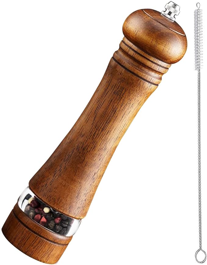 Pepper Grinder Salt Grinder Wooden Pepper Mill Grinder w/Adjustable Coarse, 8 inch Tall Wood Refillable Manual Pepper Grinder Mill Peppermill for Black Peppercorn, Easy Clean w/Cleaning Brush