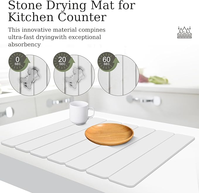 Hopegiver Stone Drying Mat for Kitchen Counter, 15.75"x11.81" Foldable Quick Dry Stone Mat Kitchen, Diatomaceous Earth Absorbent Dish Drying Mat for Countertop Sink Bathroom, White with Sanding Block