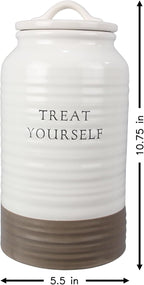 Young's Inc. Ceramic Cookie Jar - Cute Kitchen Counter Storage Canister with Lid - Perfect for Cookies, Coffee, Tea, Candy, Dog Treats, and More - Treat Yourself - White, Brown