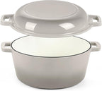 P&P CHEF 5Qt Dutch Oven Pot for Bread Baking (Khaki), 2 In 1 Round Cast Iron Dutch Oven with Lid Set, Skillet & Pot for Roasting Braising Stewing Frying Simmering, Multi Stoves & Oven Safe