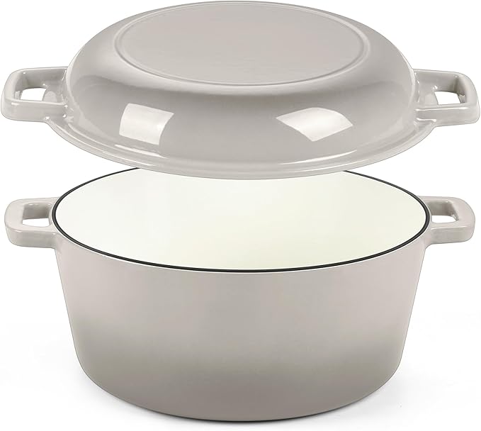 P&P CHEF 5Qt Dutch Oven Pot for Bread Baking (Khaki), 2 In 1 Round Cast Iron Dutch Oven with Lid Set, Skillet & Pot for Roasting Braising Stewing Frying Simmering, Multi Stoves & Oven Safe
