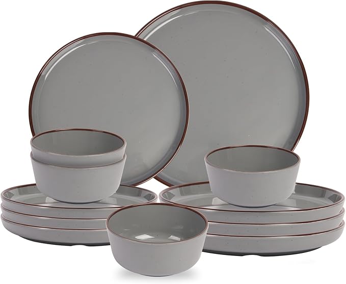 12-Piece Melamine Dinnerware Sets – Unbreakable Plates & Bowls Sets for Outdoor, Camping, Picnic, Party – Durable Dishware Sets, Lightweight & Shatterproof (Fog Gray)