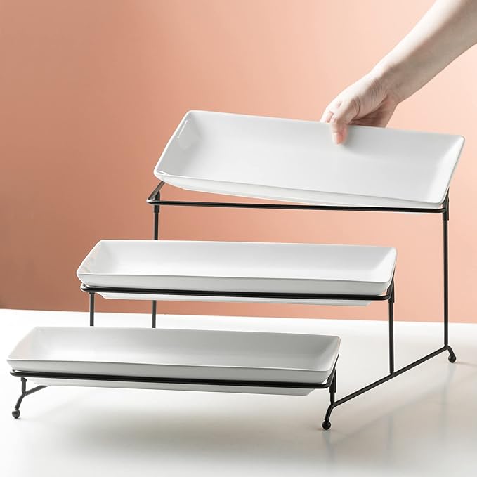 Gomakren 3 Tier Serving Trays Stand 14 Inches Serving Platters Rectangular Large Serving Plates for Party Display Set Collapsible Sturdier Rack, Christmas Serving Trays and Platters
