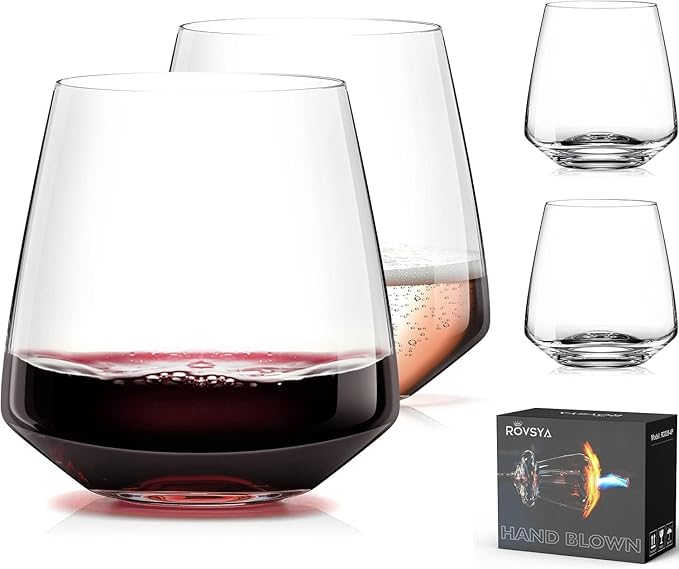 Stemless Wine Glasses Set of 4 13.5oz, Hand Blown Red White Wine Glasses Unique Gifts for Him Her for Birthday, Wedding, Christmas, Anniversary