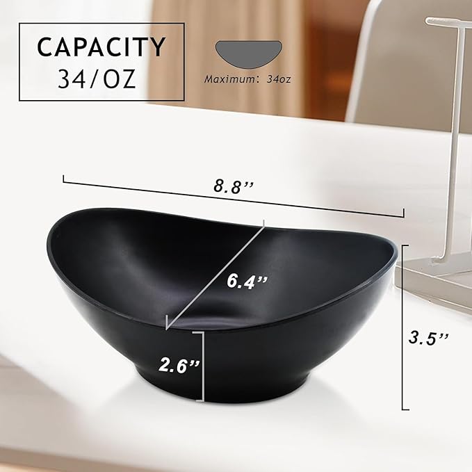 JOYMAY Oval Salad Bowls Set, 34oz Serving Bowls for Kitchen 8.8" Large Bowls for Soup, Oatmeal, Pasta, Snacks, Deep Soup Bowls Set for Salad, Fruit, Vegetable, Ramen, 6PC-Black