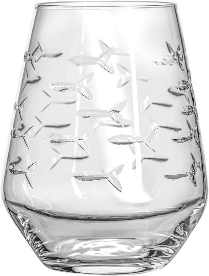 Rolf Glass | School of Fish Stemless Tumbler | Stemless Wine Glasses 18oz | Lead-Free Glass | Engraved and polished in Pennsylvania | US made (Set of 4)