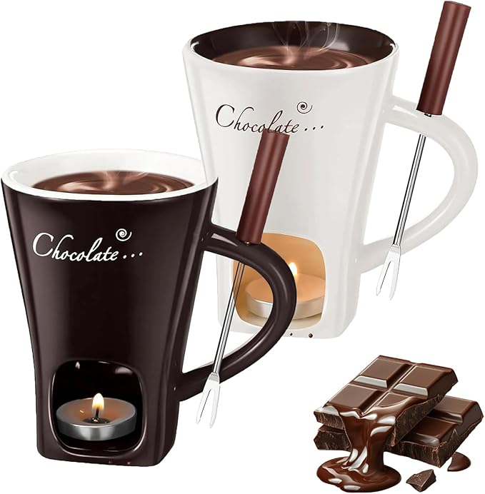 Chocolate Melting Mug With Candle, Ceramic Fondue Mug Meltie Cup, Melting Love Cup, Ideal Gifts For Christmas, Birthday, Wedding (White+Brown)