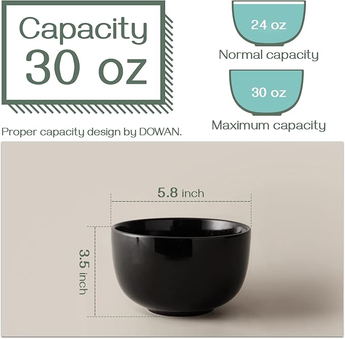 DOWAN 5.8" Deep Soup Bowls & Cereal Bowls - 30 Ounces Large Bowls Set of 4 for Kitchen - Ceramic Bowls for Cereal, Soup, Oatmeal, Salad, Ramen, Noodle, Rice - Dishwasher & Oven Safe (Black)