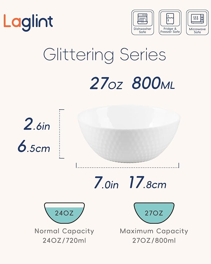 27 OZ Max Cereal Soup Bowl Set of 6, Thin Light & Durable Opal Glass 7.2 inch White Geometric Faceted Bowls for Ramen, Noodle, Salad, Fruit, Dishwasher and Microwave Safe