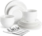 KINGSTONE 24-Piece Bone China Dinnerware Set with 40-Piece flatware, White Lightweight Porcelain Service for 8, for Family Dining, Restaurants, Gifting，Microwave and Dishwasher Safe