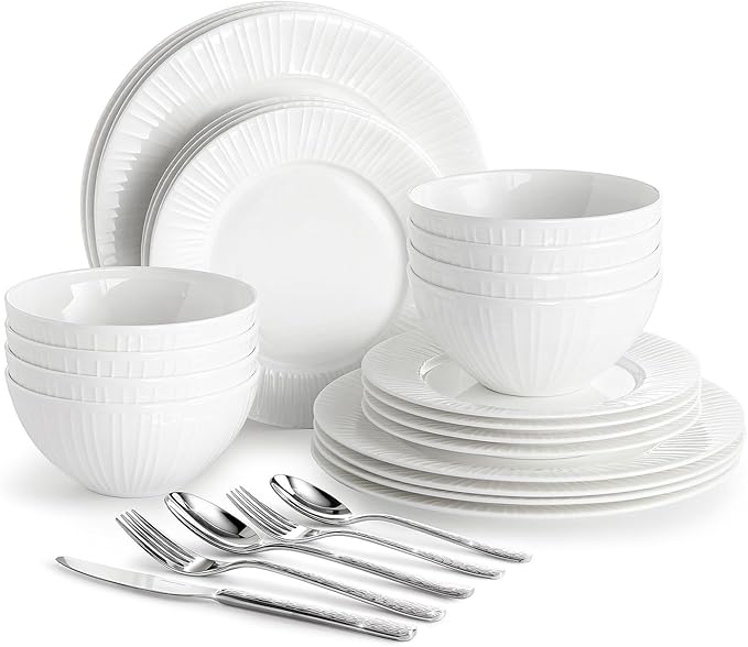 KINGSTONE 24-Piece Bone China Dinnerware Set with 40-Piece flatware, White Lightweight Porcelain Service for 8, for Family Dining, Restaurants, Gifting，Microwave and Dishwasher Safe