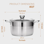 Ohtomber 8 Quart Stock Pot - Stainless Steel Large Cooking Induction Pot with Lid for Pasta, Soup, Spaghetti, Nonstick Thick Base Deep Stockpot, Kitchen Cookware for Stew, Simmer, Boiling, Canning