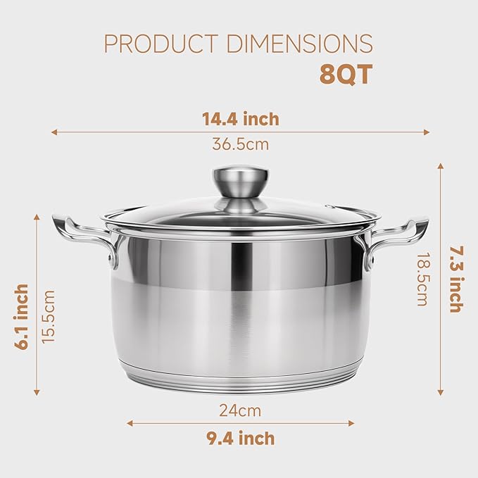 Ohtomber 8 Quart Stock Pot - Stainless Steel Large Cooking Induction Pot with Lid for Pasta, Soup, Spaghetti, Nonstick Thick Base Deep Stockpot, Kitchen Cookware for Stew, Simmer, Boiling, Canning
