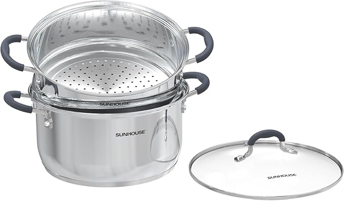 SUNHOUSE - 3.1 Quart Steamer Pots With Lid 2-Tier Multipurpose Stainless Steel Steaming Pot Cookware With Handle For Vegetable, Dumpling, Sauce, Food - Triple Bottom, Measurement Line