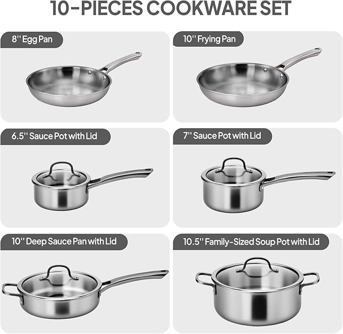 Bonnlo 10 Pieces Cookware Set, 3-Ply Stainless Steel Pots and Pans Set with Lids, Non-Toxic Kitchen Set, Oven & Dishwasher Safe, Induction Cooking Set, PFOA & PTFE Free, Compatible for All Cooktops