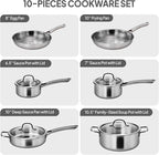 Bonnlo 10 Pieces Cookware Set, 3-Ply Stainless Steel Pots and Pans Set with Lids, Non-Toxic Kitchen Set, Oven & Dishwasher Safe, Induction Cooking Set, PFOA & PTFE Free, Compatible for All Cooktops
