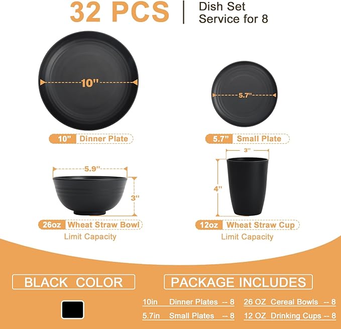 Homienly Wheat Straw Plates and Bowls Sets, Dishes Set for 8, Wheat Straw Dinnerware Set for Kitchen 32-Piece - Deep Plates Sets, Cereal Bowls with Drinking Cups, Microwave and Dishwasher Safe, Black