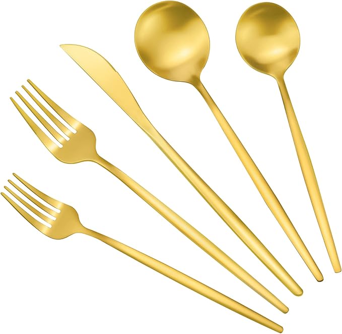Matte Gold Stainless Steel Flatware Set for 4, 20-Piece Cutlery Tableware with Spoons and Forks, Dishwasher Safe