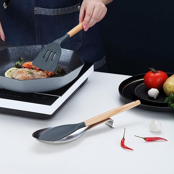 Matte Silver Stainless Steel Spoon Rest, 2-in-1 Stove Top Holder for Ladles, Tongs, Spatula, Pot Lid - Dishwasher Safe (2PC-9.5 Inch)
