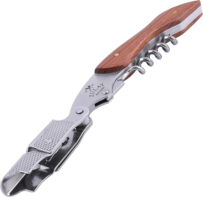 Zulay Kitchen Corkscrew Wine Opener - Premium 420 Stainless Steel & Rosewood Wine Bottle Opener - Double Hinged Opener with Foil Cutter & Cap Remover - Rosewood