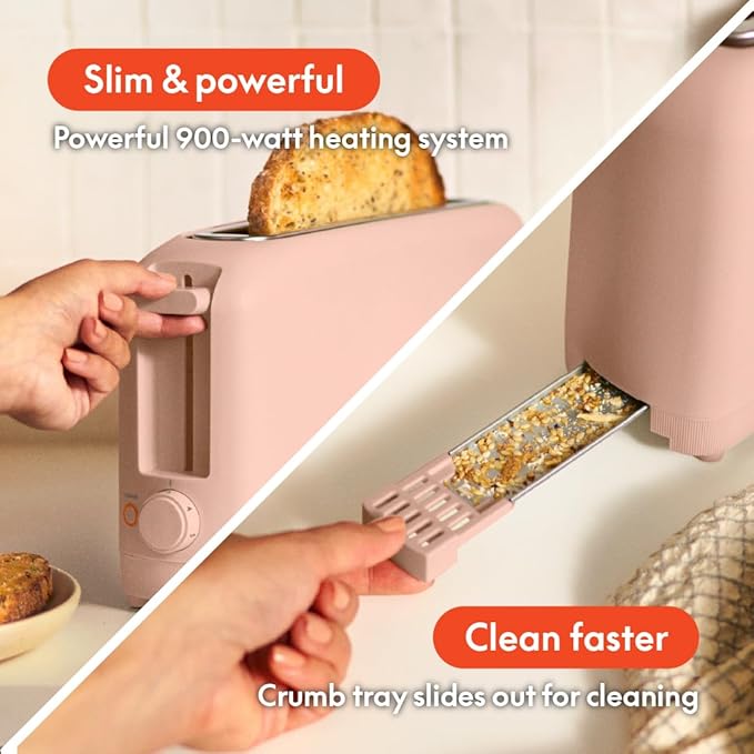 bella 2 Slice Slim Toaster, Fits-anywhere™ Kitchenware, 6 Setting Shade Control with Reheat & Cancel Buttons, Fits sourdough, 10” Long Slot, Anti Jam & Auto Shutoff, 900 Watt, Blossom