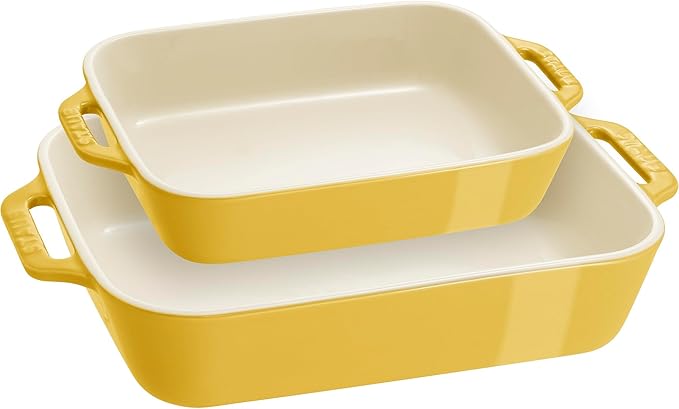 STAUB Ceramic Rectangular Baking Dish Set, Casserole Dish, 2-Piece, Citron