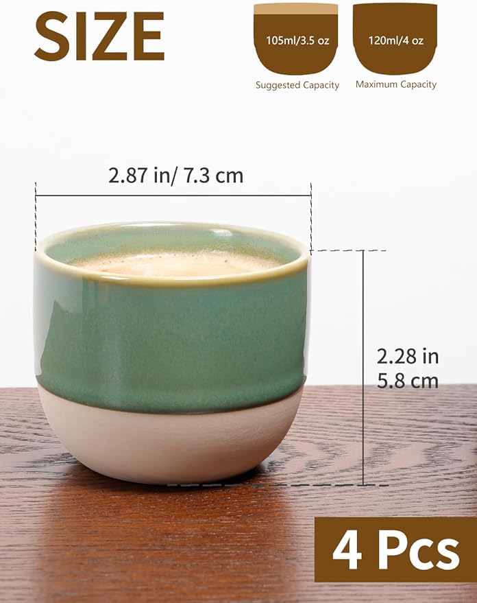 4oz Espresso Cups Set of 4, Green Ceramic Demitasse Coffee Cups for Espresso, Latte, Cappuccino – Two-Tone Stackable Small Mugs for Home, Cafe, Restaurant – Dishwasher & Microwave Safe