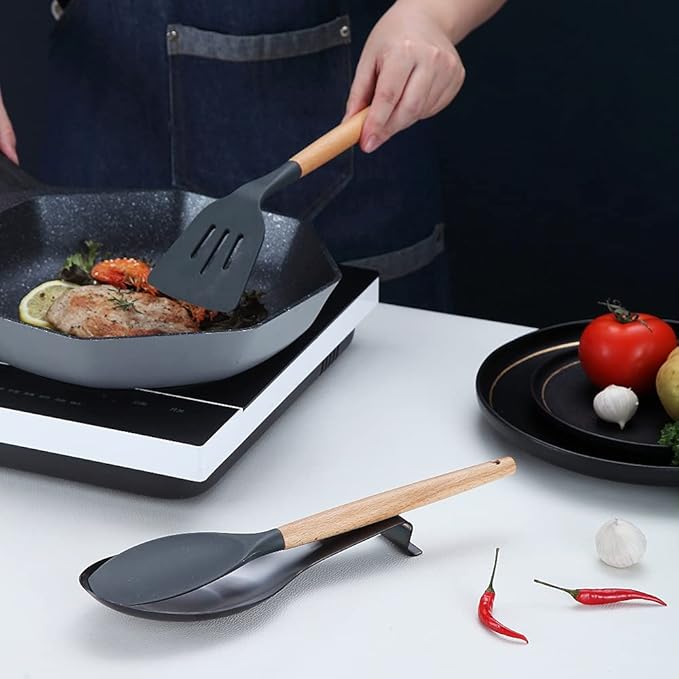 Matte Black Spoon Rest, Stainless Steel Spoon Holder for Stove Top, kitchen utensils Holder for Ladles, Tongs, Spatula, Stove Spoon Holder, Pot Lid Holder, Dishwasher Safe (2PC-9.5 Inch)