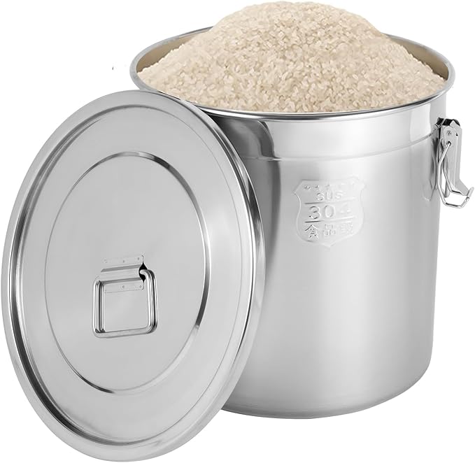 DYNAMI 8.7Gal 304 Stainless Steel Airtight Container with Lid and Locking Clamp,28-60Lbs Metal Bucket Large Food Storage Container Stainless Steel Milk Can,for Rice, Flour,Oil,Soup(33L)