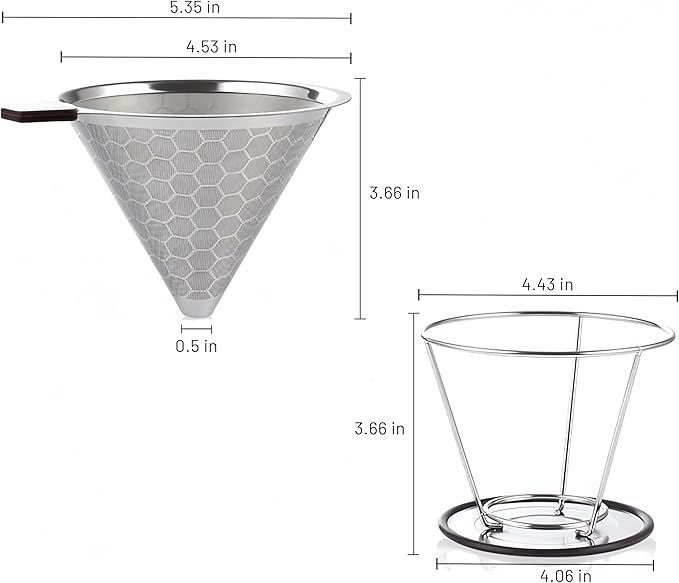 Pour Over Coffee Dripper, Stainless Steel Coffee Filter, Reusable Coffee Filter, Metal Cone Filter with Removable Cup Holder and Cleaning Brush