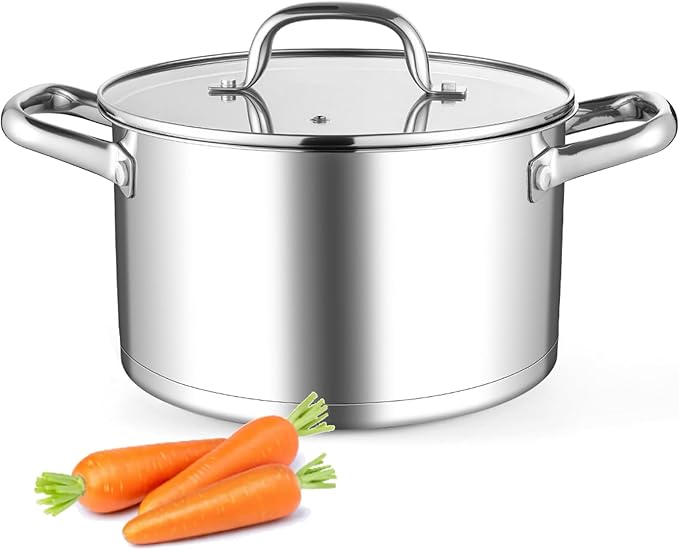 Leonyo 6QT Stock Pot with Lid, Stainless Steel Soup Pasta Pot for Home Kitchen Restaurant, Tri-Ply Bottom Stockpot for Canning, Boiling, Simmer, Dishwasher Safe